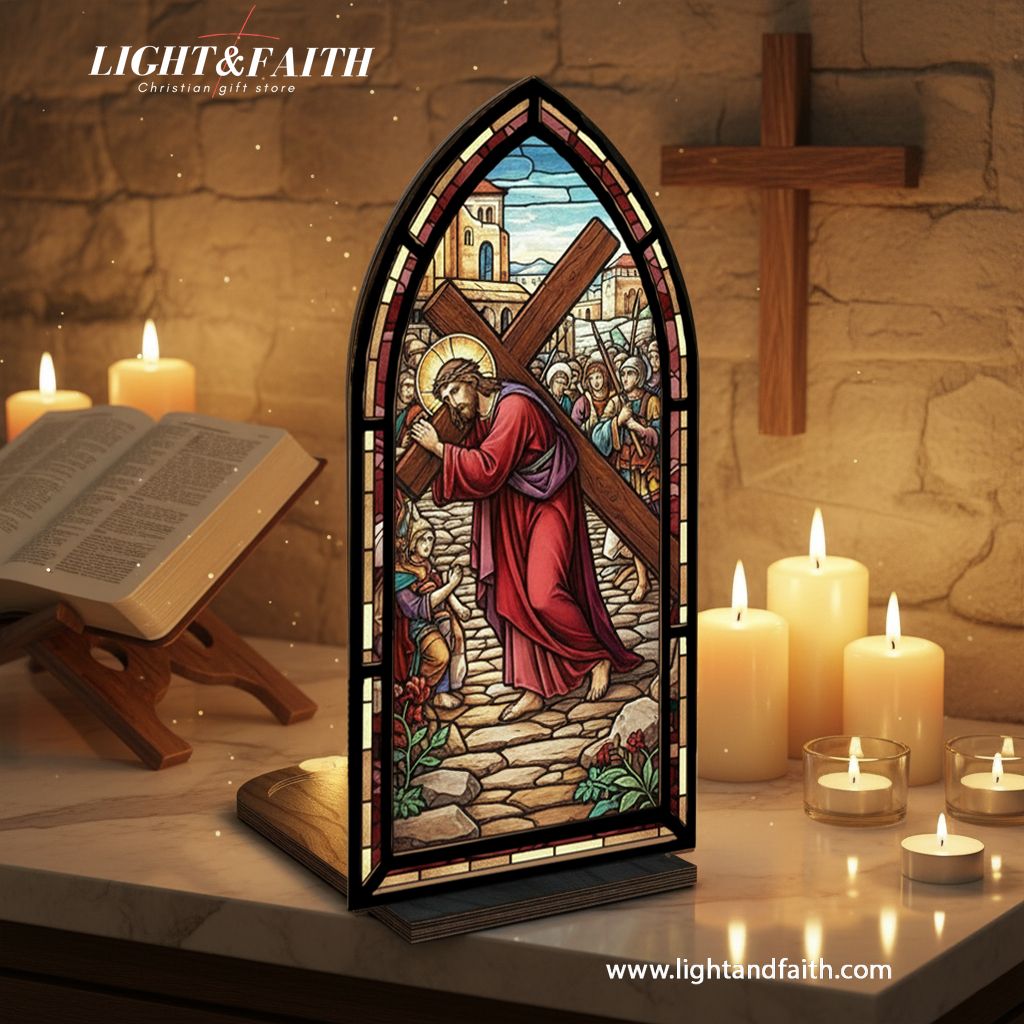 Christian Jesus Carrying the Cross Book Nook Decor, Stained Glass Window Style LED Light, Religious Home Altar Decoration, Faith Gift for Lent and Easter BNLAF19